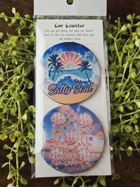 Salty Soul Beach-Themed Round Car Coaster Set - Blue & Pink